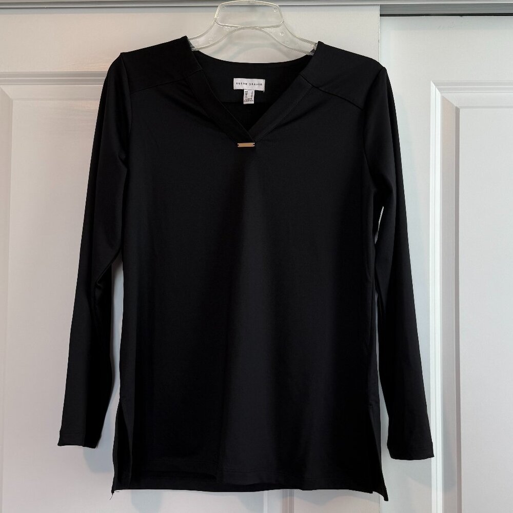 Susan Graver Black Butterknit Split V-Neck Long-Sleeve Top Size Small